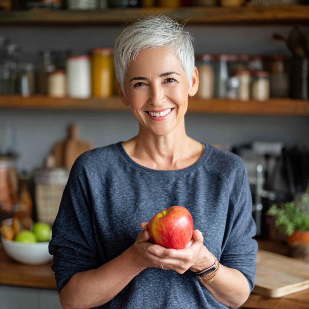 Жінка 52 років з короткою сивуватою зачіскою в спортивному одязі тримає яблуко, посміхаючись на фоні кухні з здоровими продуктами